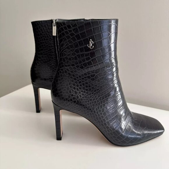 JIMMY CHOO Minori Black Croc-Embossed Leather Ankle Zip Boots Size 8 - Picture 1 of 12